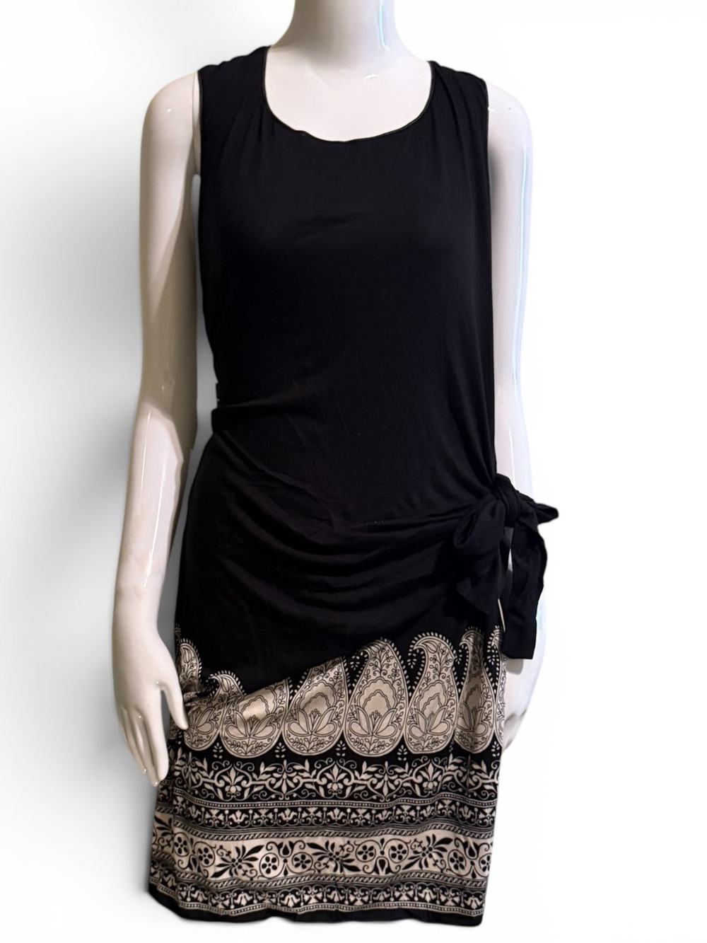 M.S.S.P. 1X Black and Cream Paisley Border Side Tie Sleeveless Short Dress NWT